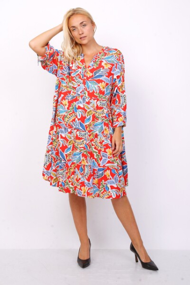 Wholesaler World Fashion - GT ruffle tunic dress 3/4 sleeves - Tropical print