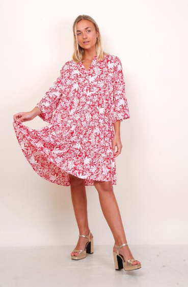 Wholesaler World Fashion - GT ruffle tunic dress with 3/4 sleeves - Flower print