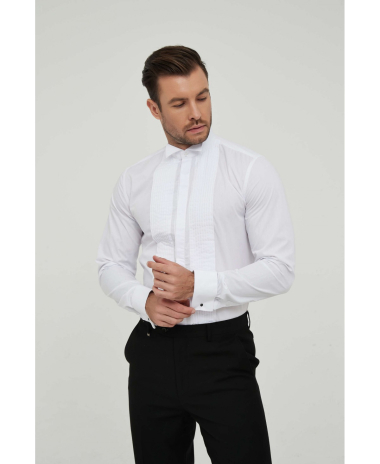 Wholesaler Yves Enzo - White plastron shirt slim fit wing collar & musketeer cuffs