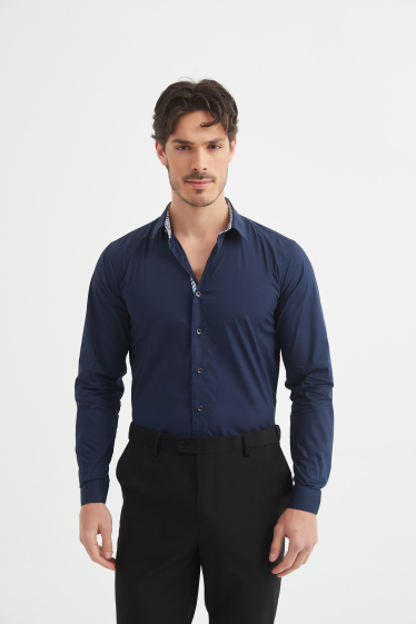 Wholesaler Yves Enzo - "PREMIUM" plain stretch shirt with collar and fitted cut pattern