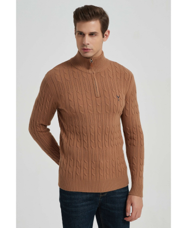 Wholesaler Yves Enzo - Cable knit high zip neck jumper with logo - Camel
