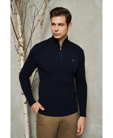 Wholesaler Yves Enzo - Cable knit high zip neck jumper with logo - Navy