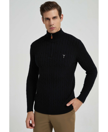 Wholesaler Yves Enzo - Cable knit high zip neck jumper with logo - Black