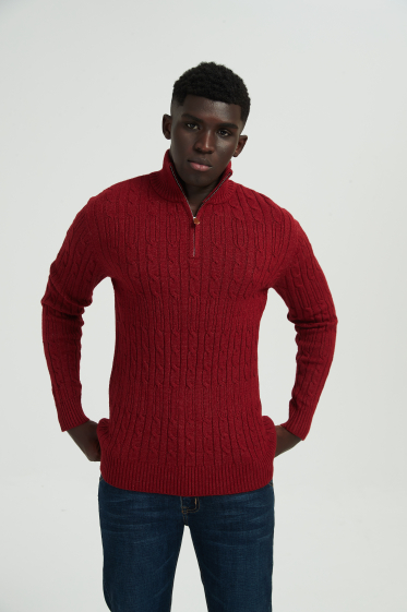 Wholesaler Yves Enzo - Cable knit high zip neck jumper - Burgundy