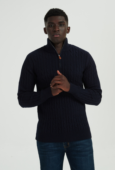 Wholesaler Yves Enzo - Cable knit high zip neck jumper - Navy