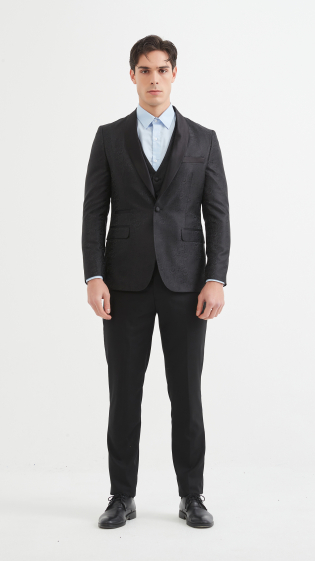 Wholesaler Yves Enzo - 3 pcs STRETCH shawl collar suit in black with pattern (T46 to T58)