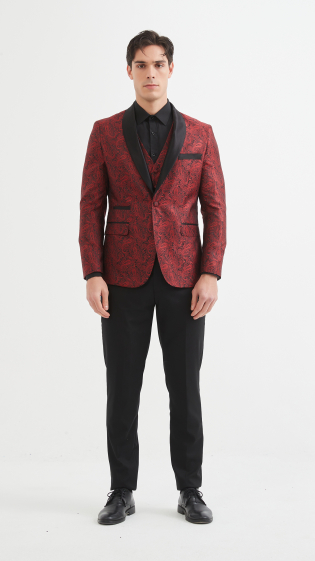 Wholesaler Yves Enzo - 3 pcs STRETCH shawl collar suit in burgundy red with pattern (T46 to T58)