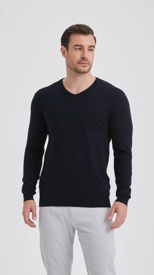 Wholesaler Yves Enzo - V-neck jumper "cashmere touch" - Navy