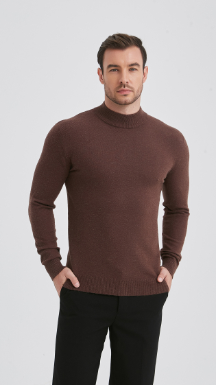 Grossiste Yves Enzo - Pull marron col cheminée "cashmere touch"