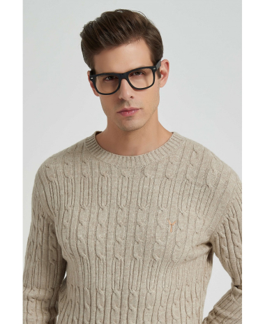 Wholesaler Yves Enzo - Cable knit crew neck neck jumper with logo - Beige