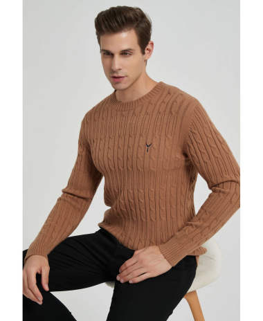 Wholesaler Yves Enzo - Cable knit crew neck neck jumper with logo - Camel