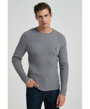 Wholesaler Yves Enzo - Cable knit crew neck neck jumper with logo - Grey
