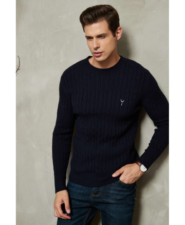 Wholesaler Yves Enzo - Cable knit crew neck neck jumper with logo - Navy