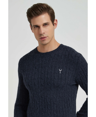 Wholesaler Yves Enzo - Cable knit crew neck neck jumper with logo - Vintage navy