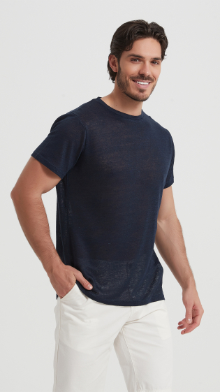 Großhändler Yves Enzo - Marineblaues T-Shirt aus 100 % Leinen