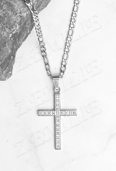 Wholesaler Z. Emilie - Rhinestone cross steel necklace