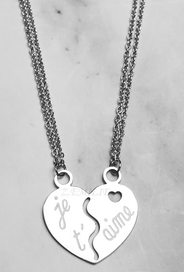 Wholesaler Z. Emilie - "Je t'aime" heart broken steel necklace