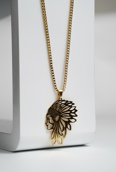 Wholesaler Z. Emilie - Indian head with feather steel necklace
