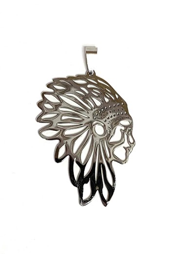 Wholesaler Z. Emilie - Indian head with feather  steel pendant