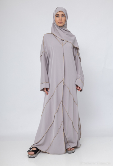 Wholesaler ZABULON 3 - Abaya dress with integrated veil decorated with gold stitching and flared