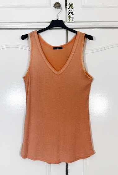 Faded ribbed tank top with rhinestone trim on the neckline.