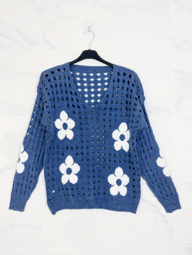 Wholesaler Zafa - Openwork sweater decorated with woven flowers