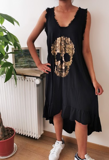 Großhändler Zafa - Asymmetrisches langes Kleid mit Totenkopf-Print
