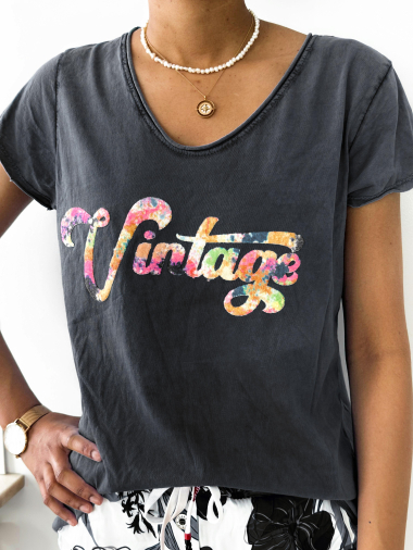 Grossiste Zafa - T-shirt délavé, inscription vintage