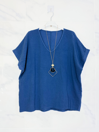 Grossiste Zafa - T-shirt en coton et lin avec collier