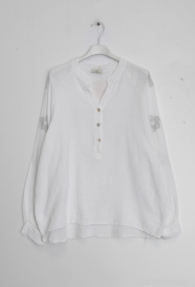 Wholesaler Zelia - Cotton gauze blouse with embroidered flowers on the sleeve