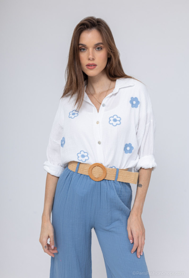 Wholesaler Zelia - Shirt with duo flower embroidery in cotton gauze