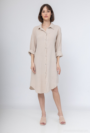 Grossiste Zelia - Robe chemise fendue en gaze de coton avec manches longues