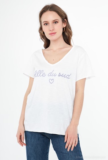 Grossiste Zelia - T-shirt à inscription brodé "fille du sud"