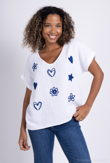 Mayorista Zelia - Camiseta con motivos bordados en gasa de algodón.