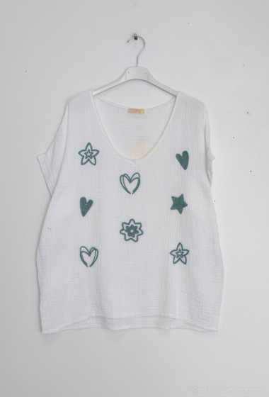 Großhändler Zelia - T-Shirt mit gestickten Mustern aus Baumwollgaze