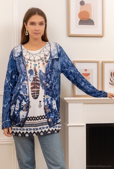 Wholesaler Zoe Mode (Elena Z) - Printed sweater with strass feathers
