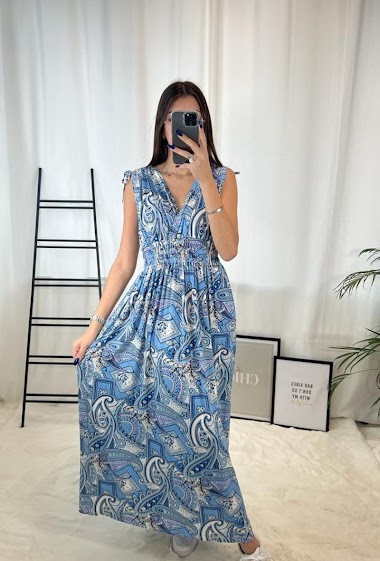 Großhändler Zoe Mode (Elena Z) - Langes bedrucktes Kleid, magische Taille aus Kaschmir