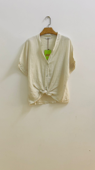 Short-sleeved mandarin collar shirt in 100% linen - For Her Paris