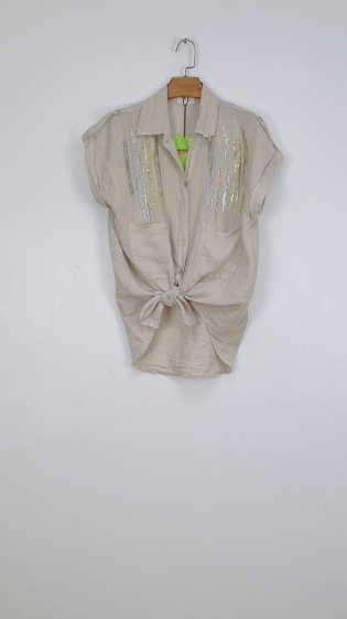100% linen sleeveless shirt 2 front pockets and brushstrokes - For Her Paris