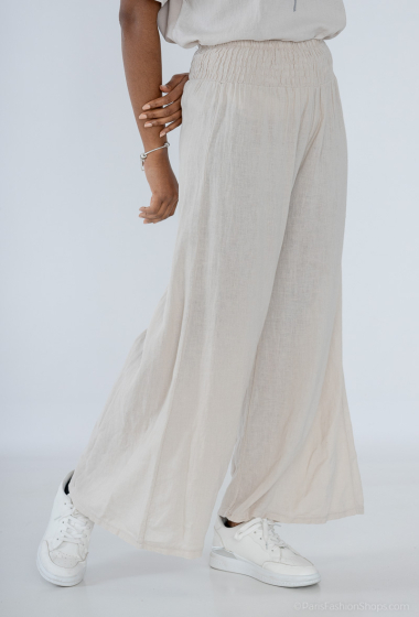 Plain wide linen pants with smocked waist - For Her Paris