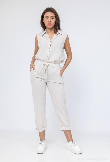 Basic plain linen trousers with elasticated waist - For Her Paris