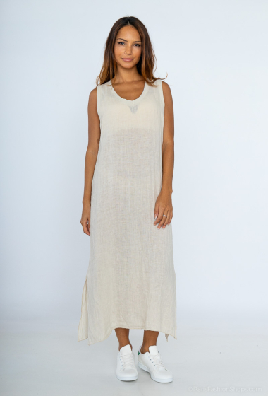 Long plain 100% linen sleeveless dress - For Her Paris