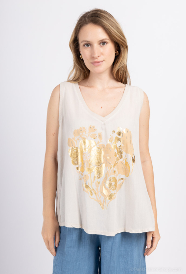 Plain linen tank top with V-neck and gold heart - For Her Paris