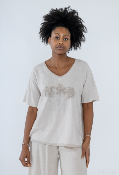 Plain oversized linen top V-neck short sleeves Artisanal palm trees - For Her Paris