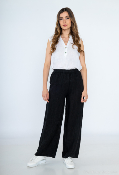 Plain 100% linen pants with elasticated waist - For Her Paris