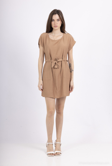 Plain belted viscose dress with round neck pockets - For Her Paris