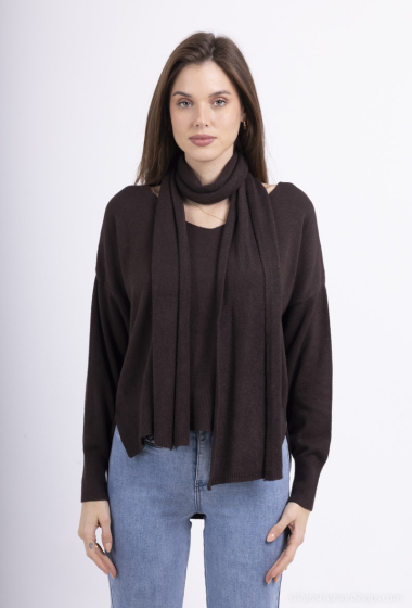 plain V-neck sweater with viscose scarf - For Her Paris