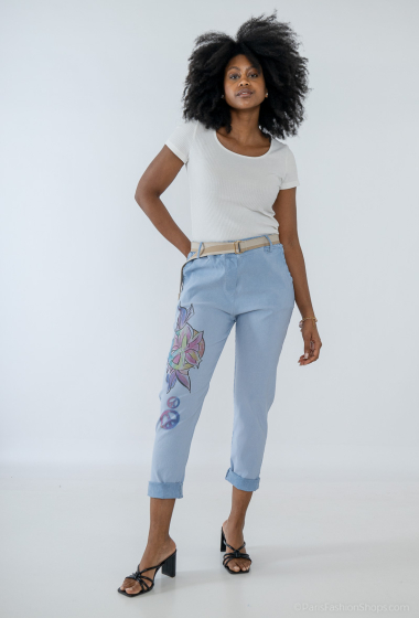 plain belted cotton pants with multicolored and peace and love pattern - For Her Paris