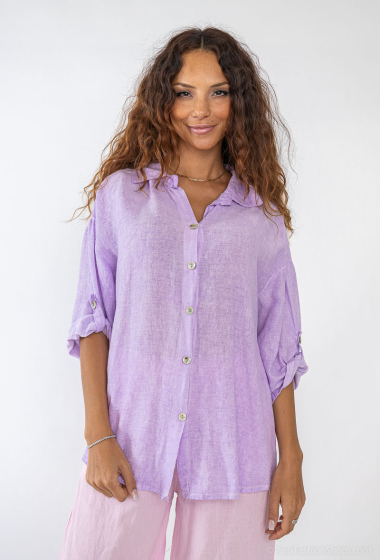 Plain linen shirt with 3/4 sleeves in special wash - For Her Paris
