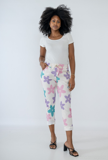 printed cotton pants with multicolored daisies, elasticated waist - For Her Paris